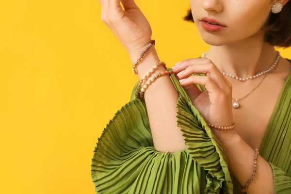 Woman Touching Elegant Bracelet Color Background Closeup — Stock Photo, Image