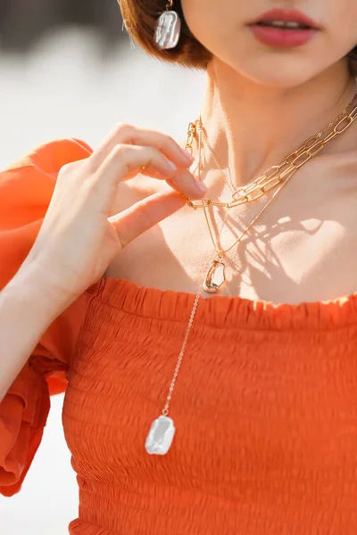 Woman Stylish Jewelry Touching Necklace Closeup — Stock Photo, Image