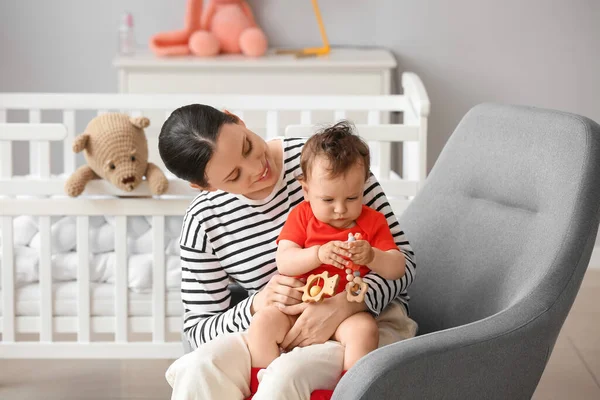 Young Mother Her Little Baby Toys Bedroom — Stock Photo, Image