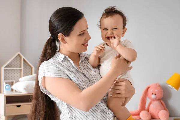 Young Mother Holding Her Little Baby Bedroom — Stock Photo, Image