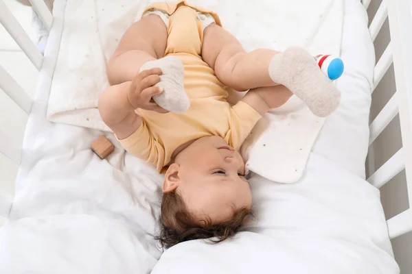 Cute Little Baby Toy Lying Comfy Crib — Stock Photo, Image