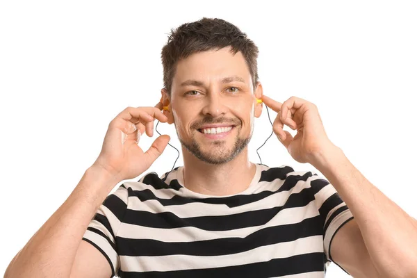 Smiling Handsome Man Ear Plugs White Background — Stock Photo, Image