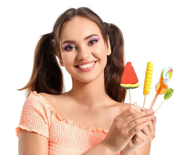 Pretty Young Woman Different Lollipops White Background — Stock Photo, Image