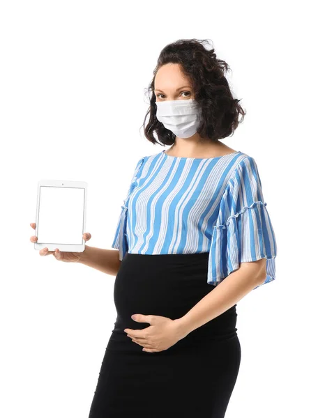 Young Pregnant Woman Medical Mask Tablet Computer White Background — Stock Photo, Image