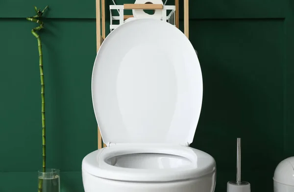 Toilet Mangkuk Dan Unit Rak Dekat Dinding Hijau Kamar Kecil — Stok Foto