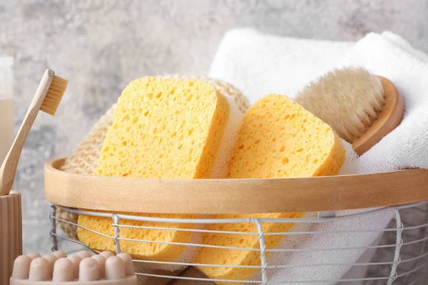 Toothbrush Basket Bath Sponges Massage Brush Towel Closeup — Stock Photo, Image