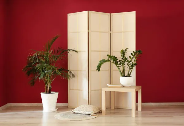 Stylish Folding Screen Houseplant Red Wall — Stock Photo, Image