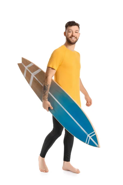 Snygg Skäggig Man Med Surfbräda Vit Bakgrund — Stockfoto