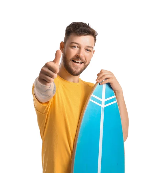 Bonito Barbudo Homem Com Prancha Surf Mostrando Polegar Fundo Branco — Fotografia de Stock