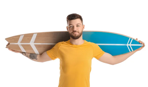 Handsome Bearded Man Surfboard White Background — Stock Photo, Image