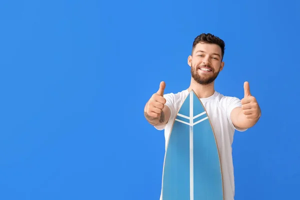 Handsome Bearded Man Surfboard Showing Thumbs Blue Background — Stock Photo, Image