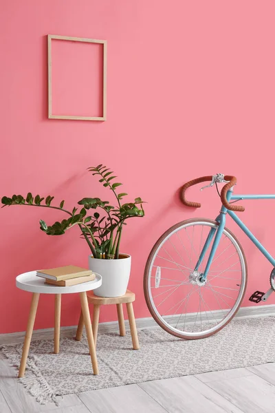 Modern Bisiklet Bitkisi Pembe Duvarın Yanındaki Masa — Stok fotoğraf