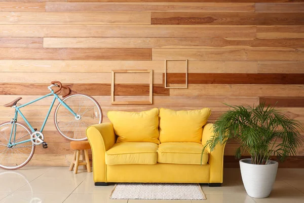Interior Stylish Living Room Yellow Sofa Bicycle Houseplant — Stock Photo, Image
