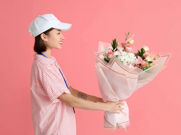 Female Courier Bouquet Flowers Color Background — Stock Photo, Image