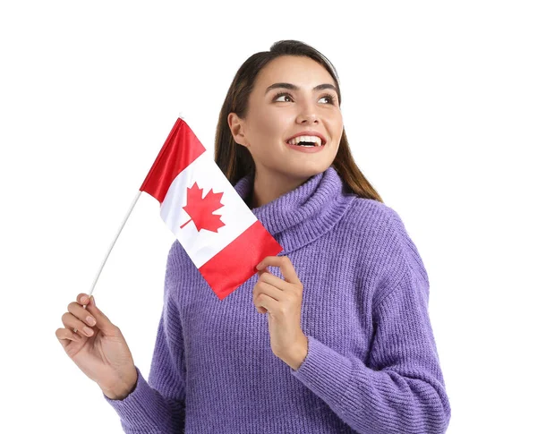 Красивая Молодая Женщина Флагом Канады Белом Фоне — стоковое фото