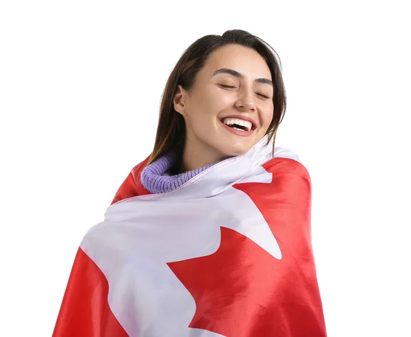 Schöne Junge Frau Mit Der Fahne Von Kanada Auf Weißem — Stockfoto