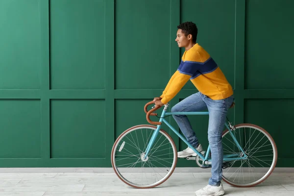 African American Teenage Boy Bicycle Green Wall — Stock Photo, Image