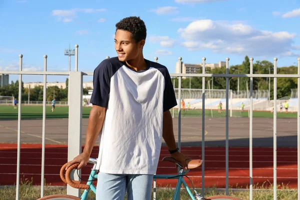 African American Teenage Boy Bicycle Stadium — Stock Photo, Image