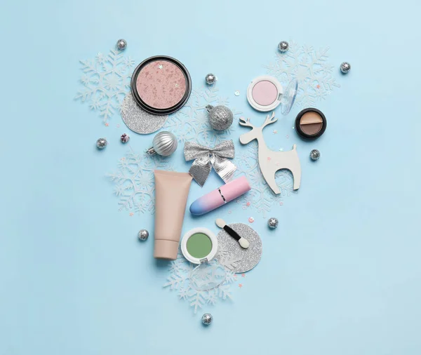 Christmas Composition Makeup Cosmetics Blue Background — Stock Photo, Image