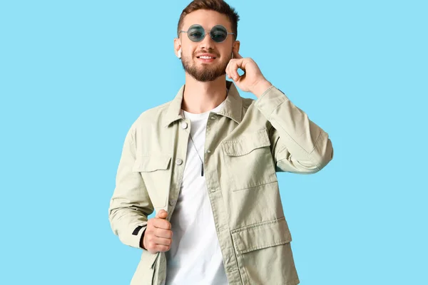 Stylish Young Man Jacket Blue Background — Stock Photo, Image
