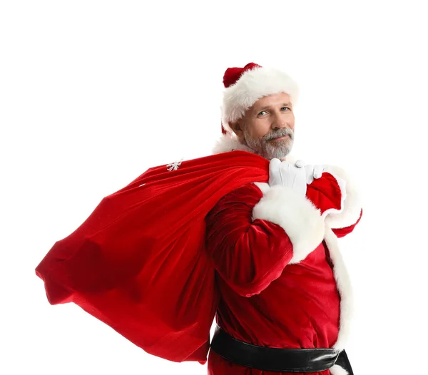 Kerstman Draagtas Met Cadeautjes Witte Achtergrond — Stockfoto