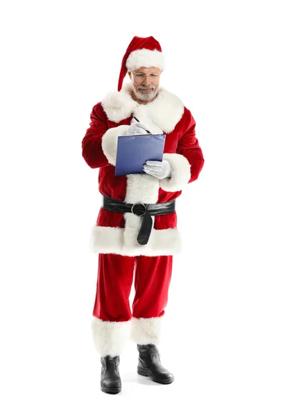 Weihnachtsmann Mit Klemmbrett Auf Weißem Hintergrund — Stockfoto
