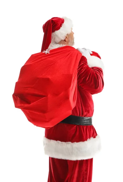 Święty Mikołaj Torbą Plecami Białym Tle — Zdjęcie stockowe