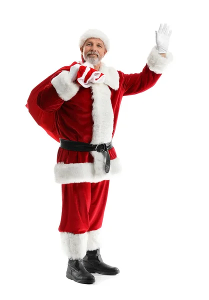 Papai Noel Com Saco Acenando Mão Fundo Branco — Fotografia de Stock