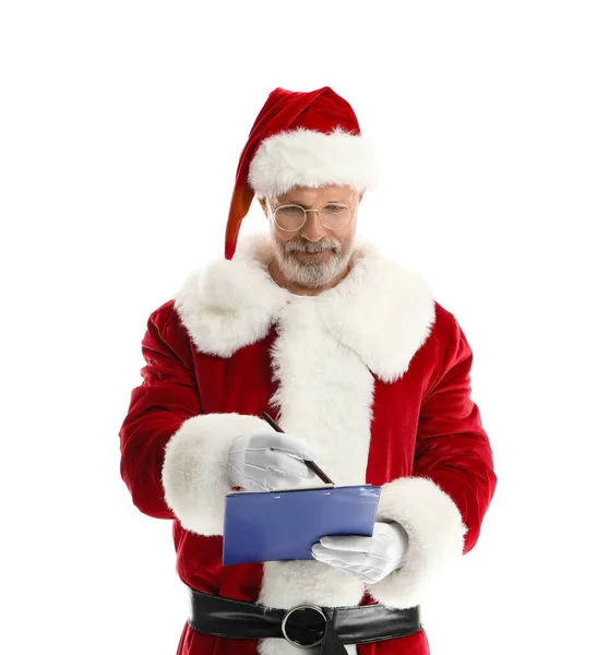 Papai Noel Com Área Transferência Caneta Sobre Fundo Branco — Fotografia de Stock