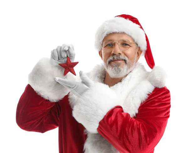 Papai Noel Com Brinquedo Árvore Natal Forma Estrela Fundo Branco — Fotografia de Stock