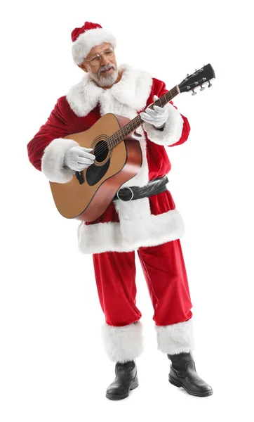 Noel Baba Beyaz Arka Planda Gitar Çalıyor — Stok fotoğraf