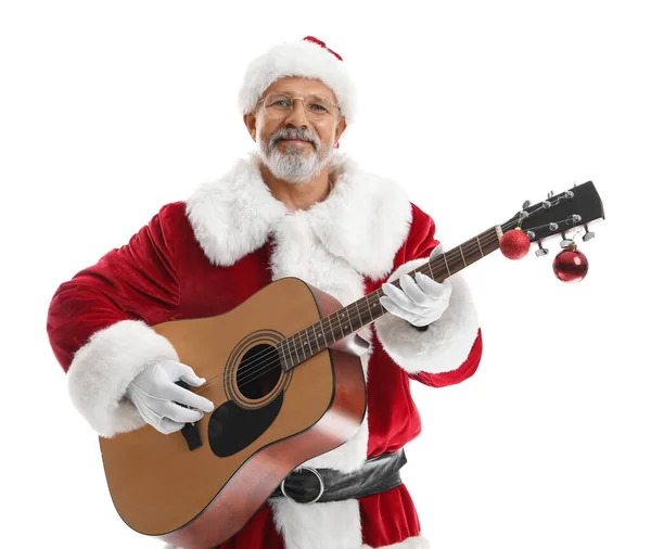Noel Baba Beyaz Arka Planda Gitar Çalıyor Yakın Plan — Stok fotoğraf
