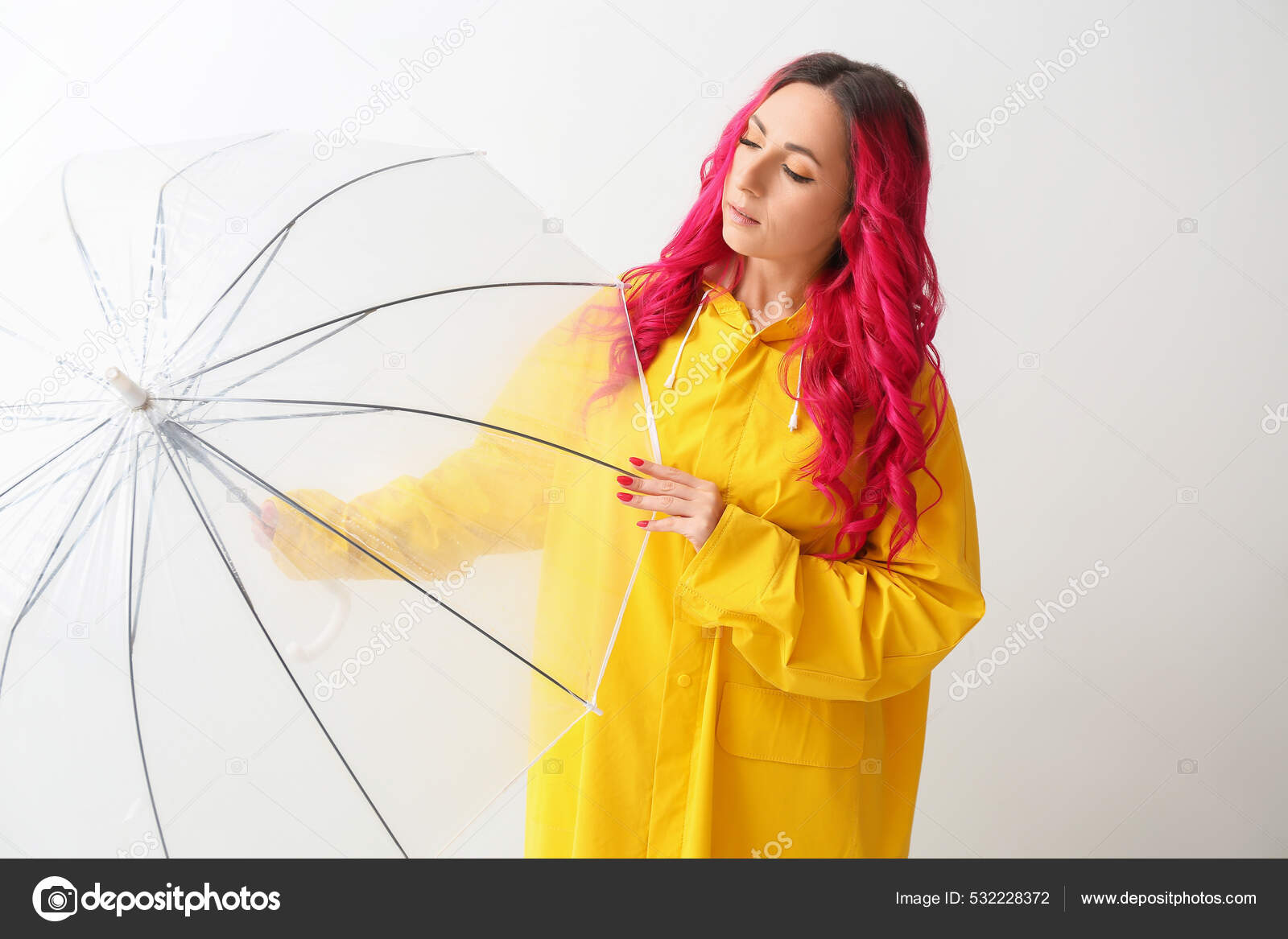 Beautiful Woman Raincoat Umbrella Light Background — Stock Photo