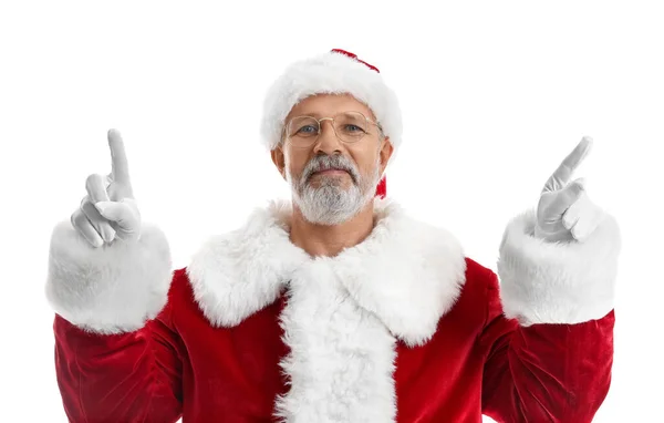 Père Noël Pointant Quelque Chose Sur Fond Blanc — Photo