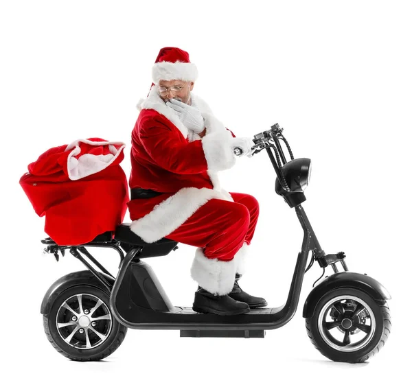 Surpreendido Papai Noel Equitação Scooter Elétrico Fundo Branco — Fotografia de Stock