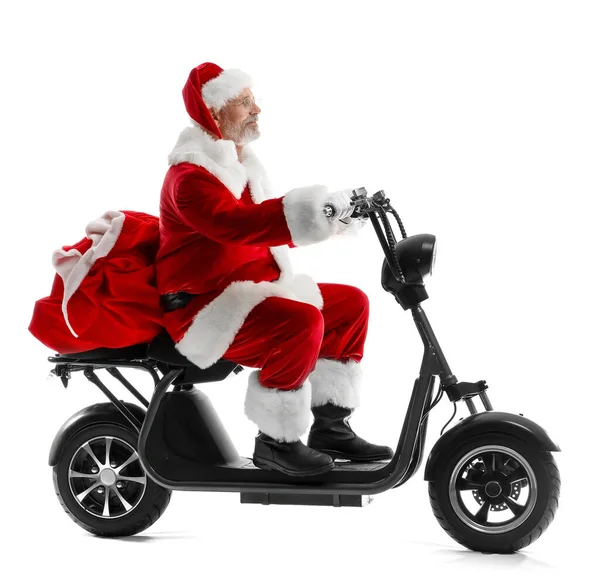 Santa Claus Riding Electric Scooter Christmas Presents White Background — Stock Photo, Image