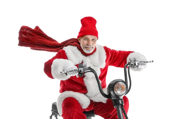 Santa Claus Їздить Сучасному Електричному Скутері Білому Тлі — стокове фото