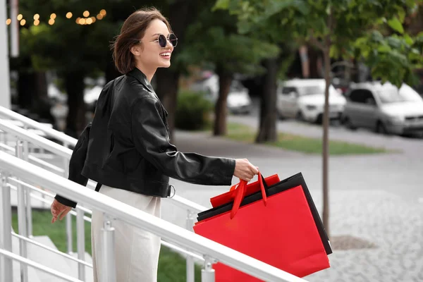 Young Fashionable Woman Shopping Bags Stairs Outdoors — Stock Photo, Image