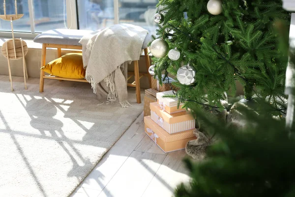 Stack Gift Boxes Floor Christmas Tree Light Room — Stock Photo, Image