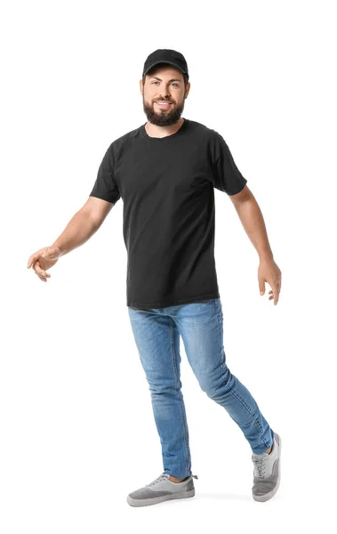 Schöner Mann Mit Mütze Schwarzem Shirt Auf Weißem Hintergrund — Stockfoto