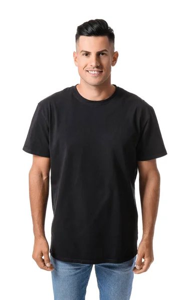 Schöner Junger Mann Stylischen Shirt Auf Weißem Grund — Stockfoto