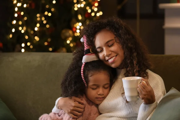 Little African American Girl Hugging Her Mother Cup Hot Cocoa — Stock Photo, Image