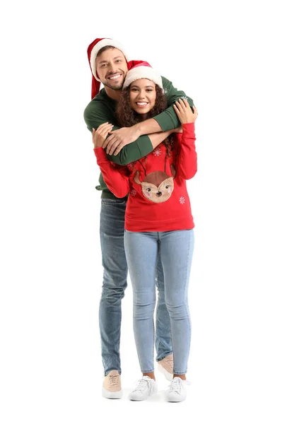 Happy Couple Santa Hats White Background — Stock Photo, Image