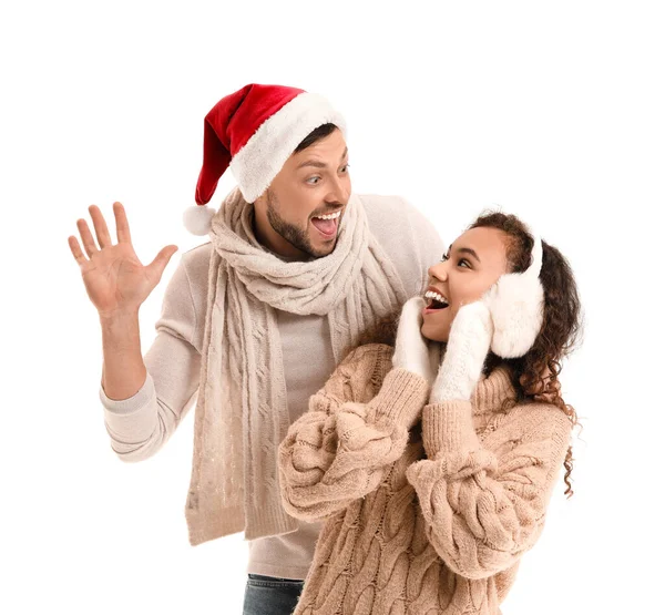 Happy Couple Winter Clothes White Background — Stock Photo, Image