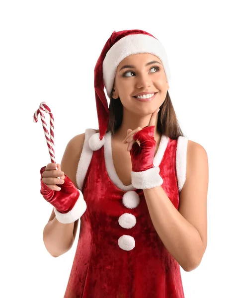 Hermosa Mujer Traje Santa Con Bastones Caramelo Sobre Fondo Blanco — Foto de Stock