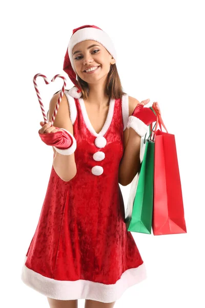 Hermosa Mujer Traje Santa Con Bastones Caramelo Bolsas Compras Sobre — Foto de Stock