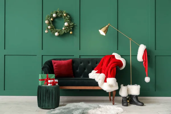 Interior Stylish Room Comfortable Sofa Santa Claus Costume Boots Color — Stock Photo, Image