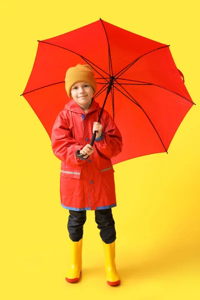 Little Boy Raincoat Umbrella Color Background — Stock Photo, Image