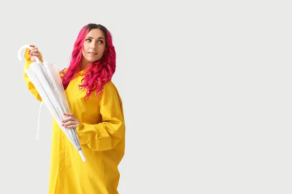 Beautiful Woman Raincoat Umbrella Light Background — Stock Photo, Image
