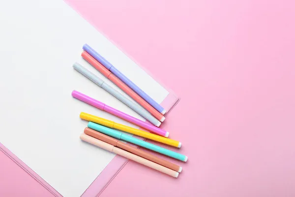 Empty Paper Sheet Felt Tip Pens Color Background — Stock Photo, Image